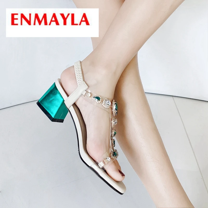 

ENMAYLA 2019 New Arrival Genuine Leather Basic Party Woman Sandals Summer Med High Crystal Women Shoes Size 34-40 LY2344