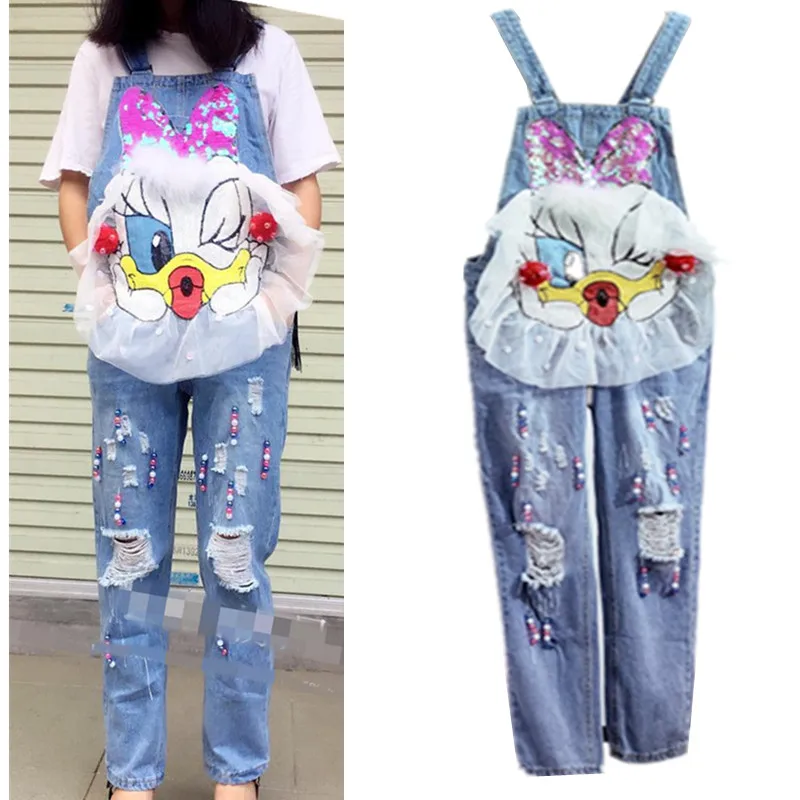 Autumn Fashion Women Denim Jumpsuit Cartoon Sequins Beadings Tassels