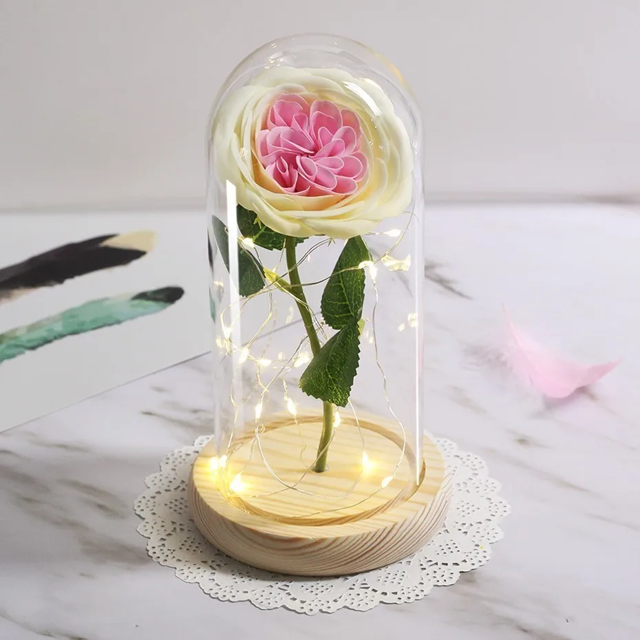 LED Soap Flower Rose Flower In Glass Dome Christmas Gifts Artificial Flower Valentine's Day Wedding Party Home Decor Fake Flower
