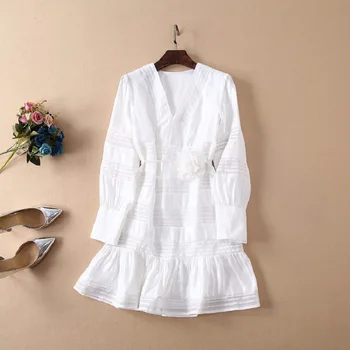 

2019 Spring Summer Fashion Party Celebrity Women's Dress V-Neck Sexy Sheer Organza Patchwork Flower Belt Elegant White Dress OL