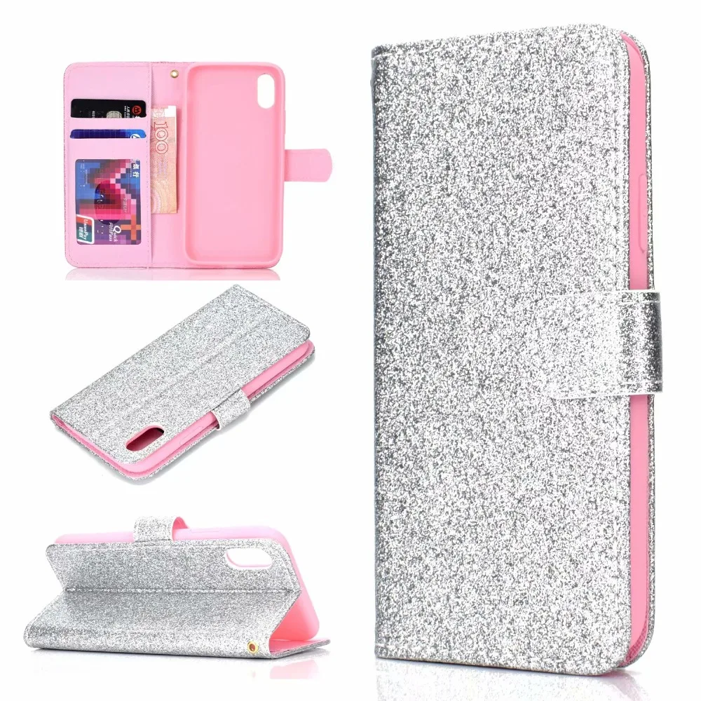 Флип-кошелек кожаный розовый золотой чехол для телефона для iPhone X XS Max XR роскошный флэш-порошок чехол для iPhone 6 7 8 Plus отделение для карт сумка