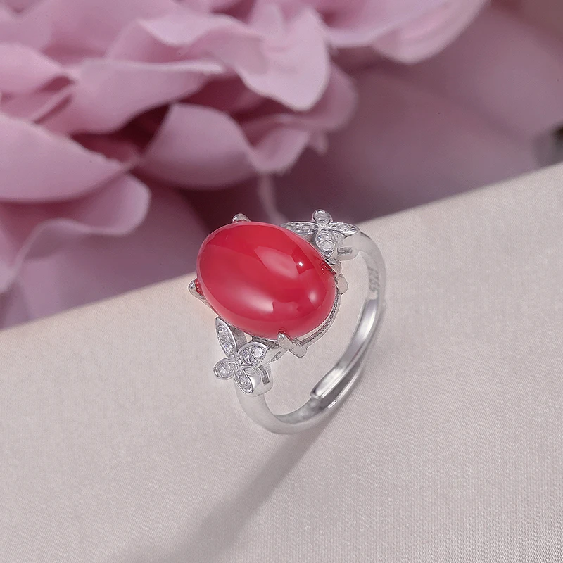 Fine Jewelry S925 Rings For Women Sterling Silver 14*10mm Chalcedony Natural Oval Red Gemstone Ring Luxury Vintage Anel R-CH001