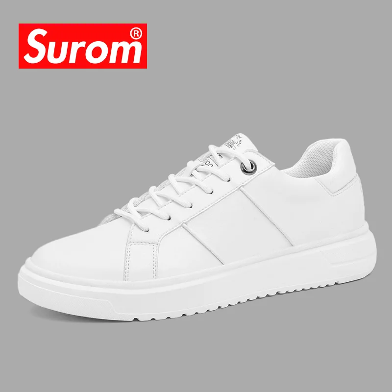 Kopen SUROM mannen Witte Lederen Casual Schoenen Sneakers Brogue Stijl Mode Flats Merk Lente Herfst Mannelijke Schoenen Loafers Krasovki Mannen