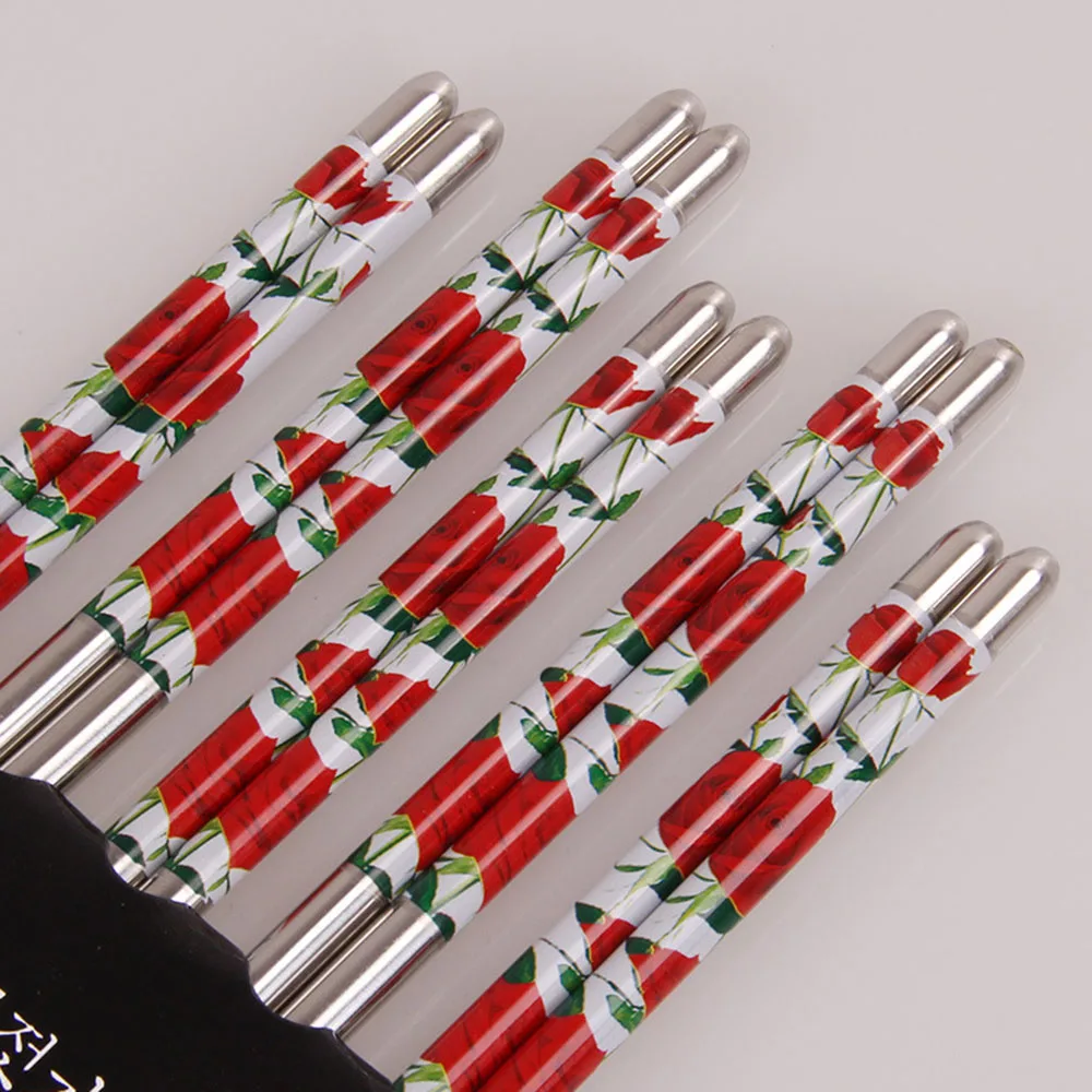 5 Pairs Stainless Steel Durable Food Stick Chinese Traditional Flowers Pattern Stainless Chopsticks Tableware Christmas Gifts