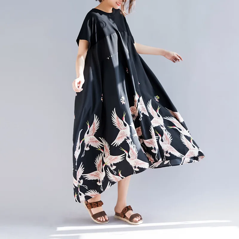 

Johnature Simple Irregular Women Dress 2019 Summer New Print Loose Patchwork Vacation Casual Short Sleeve Black Vintage Dresses