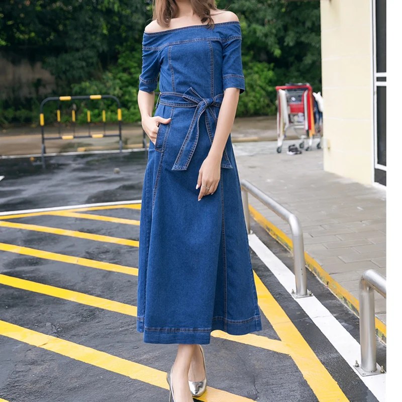 

2019 Off Shoulder Long Maxi Denim Dress For Women Casual Short Sleeve A Line Denim Dress Ladies Summer Jeans Dresses With Belt