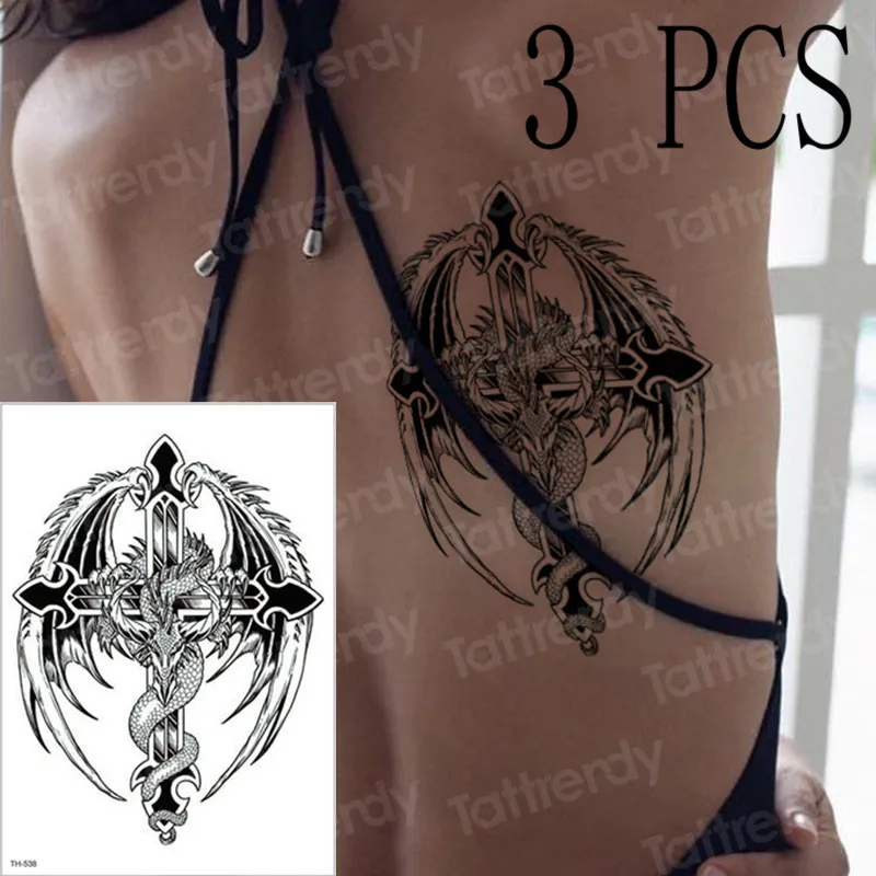 

3pcs/lot Flying dragon wings winding cross temporary tattoo sticker women back body arm sleeve tattoos mandala gothic tattoo new