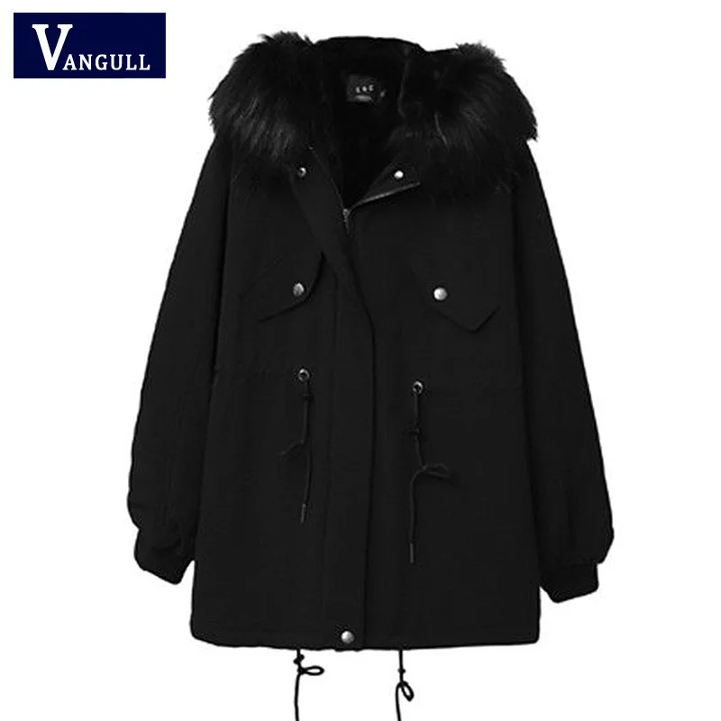 Vangull, зимние женские парки, одноцветное, толстое, теплое, хлопковое пальто, женская новая куртка с капюшоном,, большой меховой воротник, размера плюс, свободная верхняя одежда