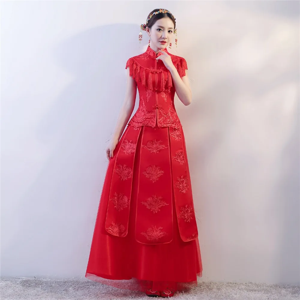 Шанхая история Длинные платья Cheongsam с вышивкой красный Qipao для женщин традиционное платье Китайский Свадебный костюм xiuhe