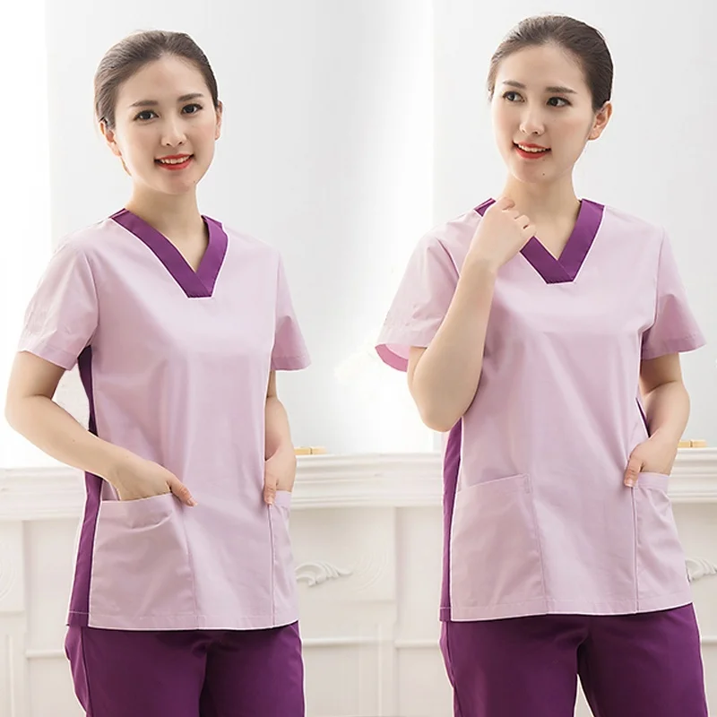 Women's Fashion Medical Scrubs Color Blocking Nursing Uniforms (Choose Scrub TOP/Pants/Whole Set) Pure Cotton Surgery Scrubs