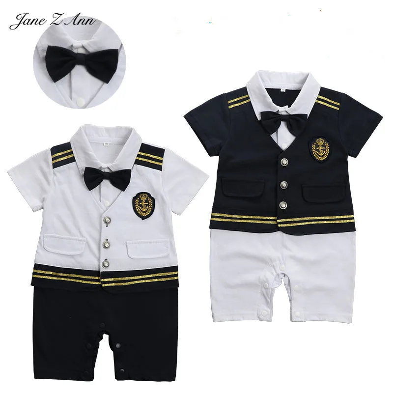

Jane Z Ann Baby boy captain pilot marine jumpsuit s infant toddler short sleeve sailor navy summer clothes costume baby onesie