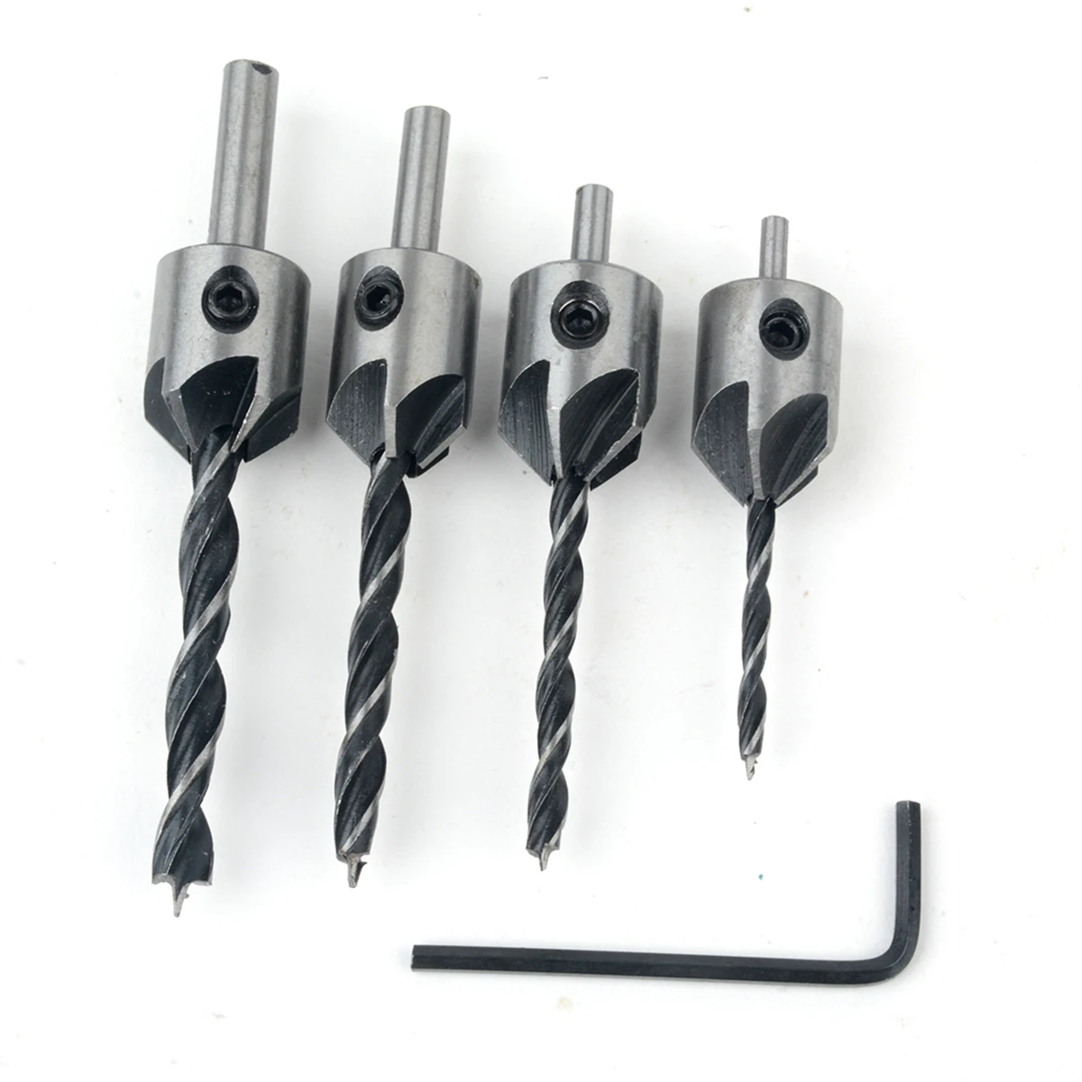 4pcs/set HSS 5 Flute Countersink Drill Bit Reamer Set Screw Woodworking Chamfer Tool 3-6mm + 1pc Wrench