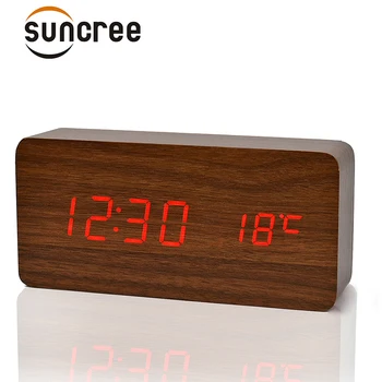 

Suncree Wooden Alarm Clock Vioce Control Digital Temp+Date+Time Despertador for Office Home