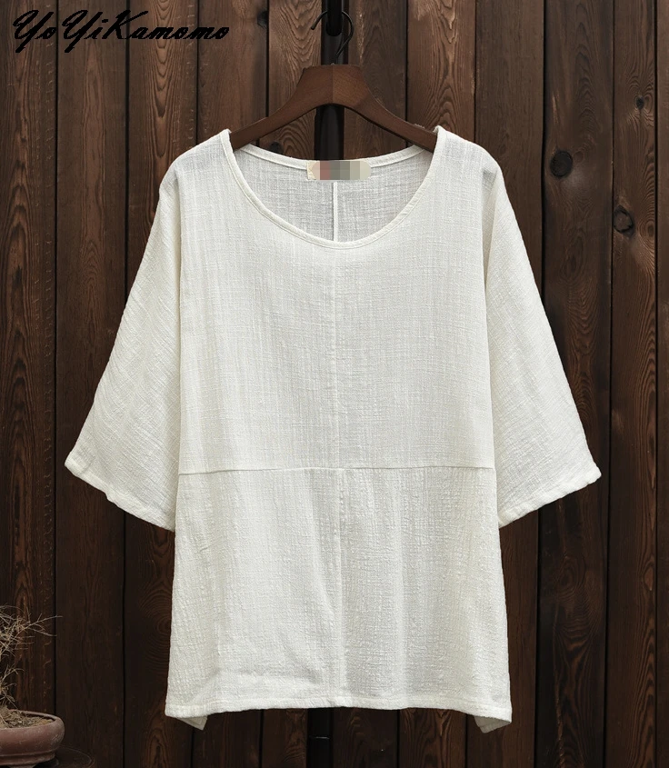 

YoYiKamomo Cotton Linen Shirt Women 2018 New Summer Original Half Sleeve O-neck Solid Color Loose Casual Women Tops