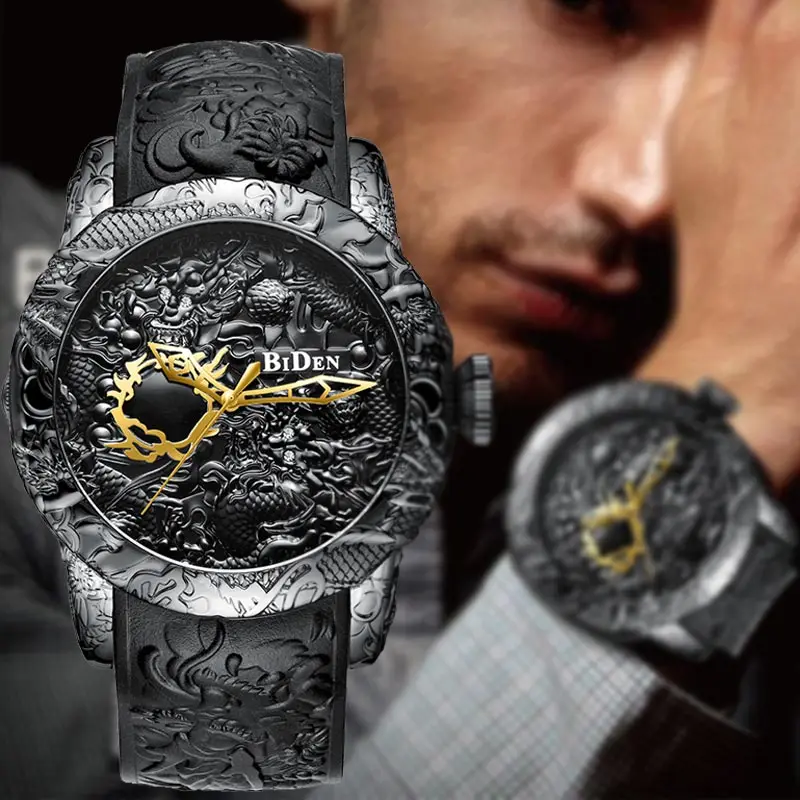 

Black Men Watches Fashion 3D Sculpture Dragon Luxury 2018 Top Brand Quartz Watch Waterproof Sport Male Clock Relogio Masculino