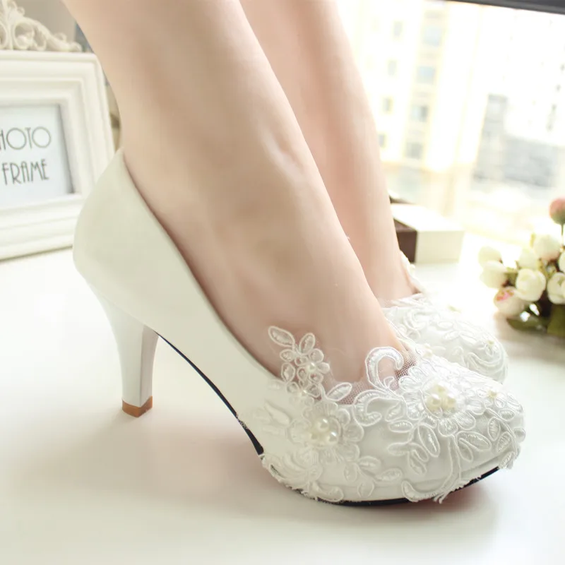 women pumps wedding shoes large size 41 42 Handmade lace white bridal shoes bridesmaid shoes banquet