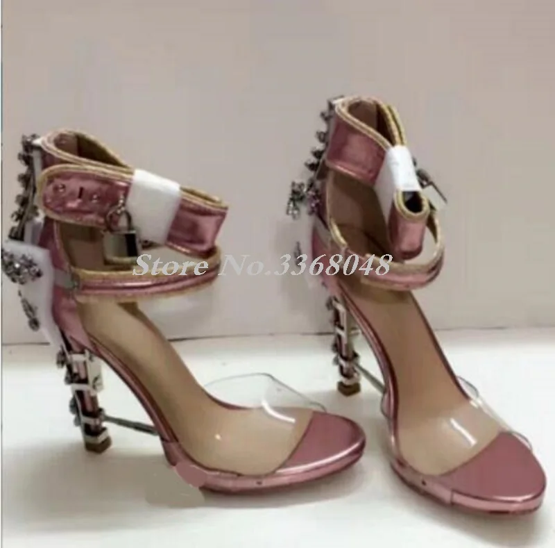 Luxury Shoes Women Designers Gemstone Jeweled Gladiator Sandals Transparent PVC Patchwork Padlock Ankle Strap High Heels Shoes