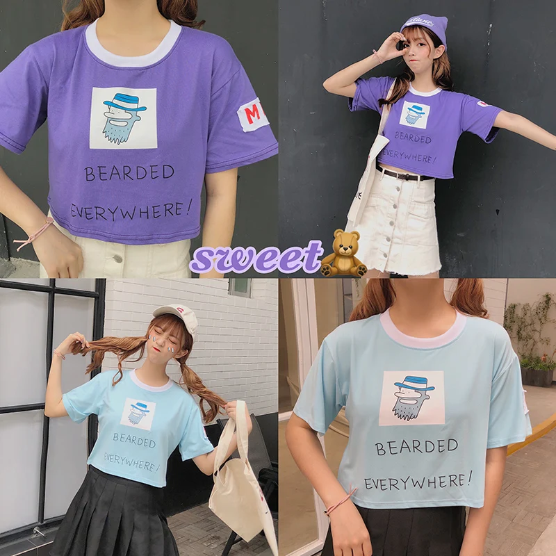 Summer Fresh Feeling Cute Student T Shirt High Waist Letter Cartoon Printed Women Tops Short Sleeve Sweet Girls T-shirt Summer Fresh Feeling Cute Student T Shirt High Waist Letter Cartoon Printed Women Tops Short Sleeve Sweet Girls T-shirt