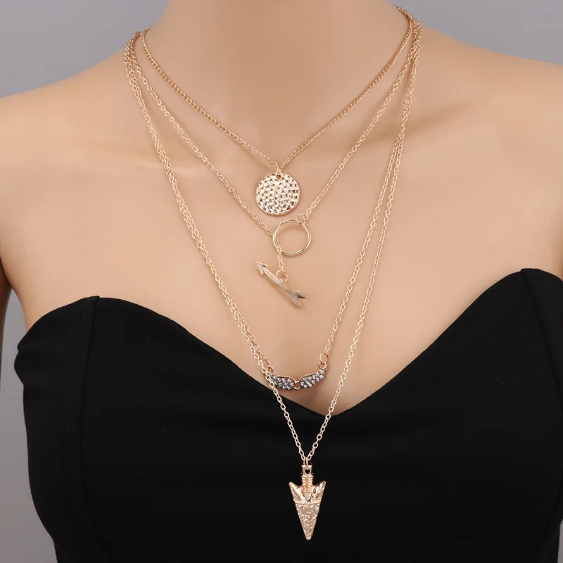 

Punk Multi Layer Big Statement Sequins Circle Crystal Arrow Angel Wings Necklaces Pendants for Women New Fashion Jewelry Collier