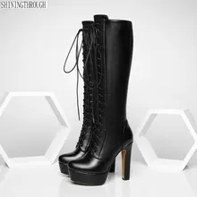 Женские сапоги до колена на шнуровке из натуральной кожи; сезон осень-зима; Теплая обувь на высоком каблуке; пикантные вечерние и свадебные Брендовые женские туфли