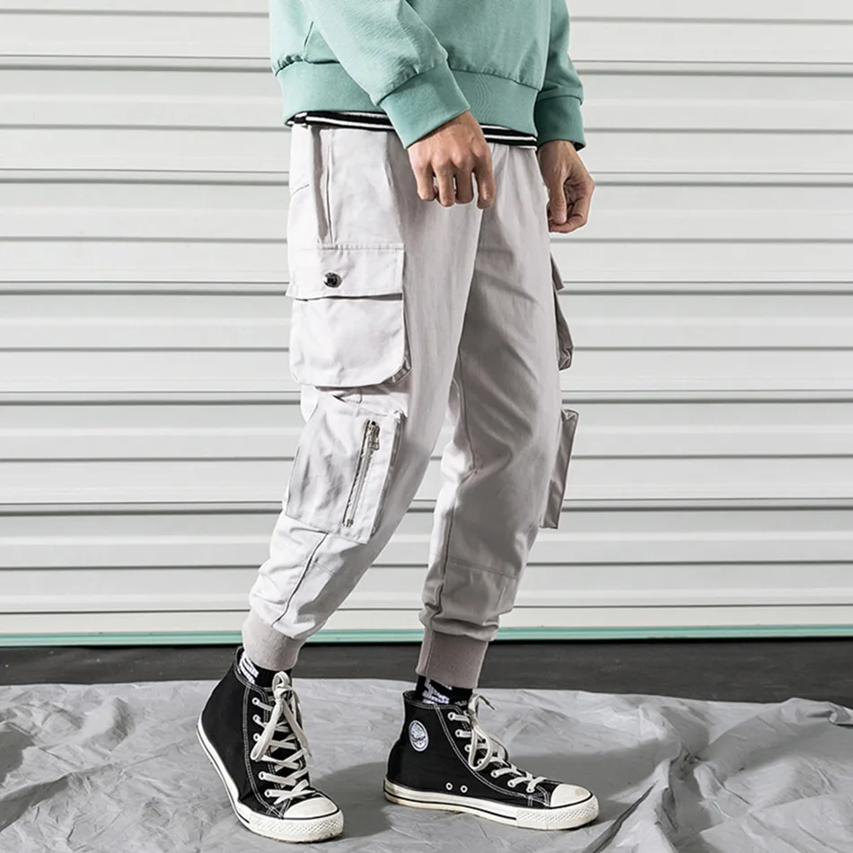 Весна для мужчин брюки карго модные повседневное карандаш MaleTrousers полной длины Карманы эластичный пояс среднего веса одноцветное - Цвет: french gray