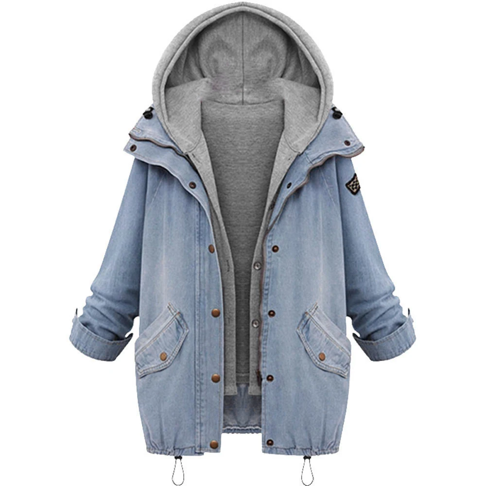 

Hooded Drawstring Boyfriend Trends Jean Swish Pockets Two Piece Coat 2018 Blue Long Sleeve Single Breasted Denim Jacket 6XL
