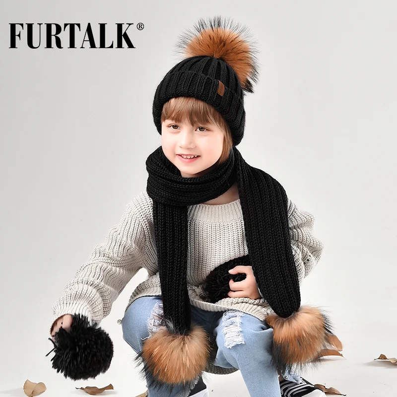 FURTALK Зимняя Детская Шапка и Шарф Мех Енота Помпон для Девочки Вязяние Шапки