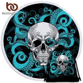 BeddingOutlet Octopus and Skull Round Beach Towel Gothic Towel Large for Adults Tentacles Hand Toalla Tassel Blue Red Picnic Mat 1