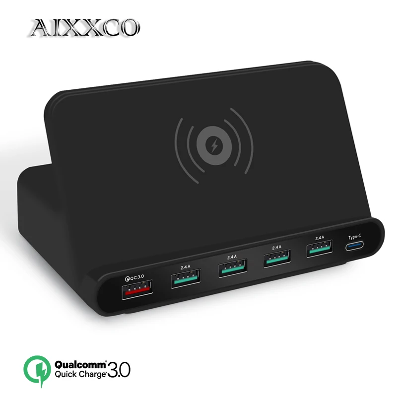 

AIXXCO 2 in 1 Quick charge 3.0 usb charger with wireless charger station for iPhone 7 8 Mobile Phone Fast charger charging 5W QI