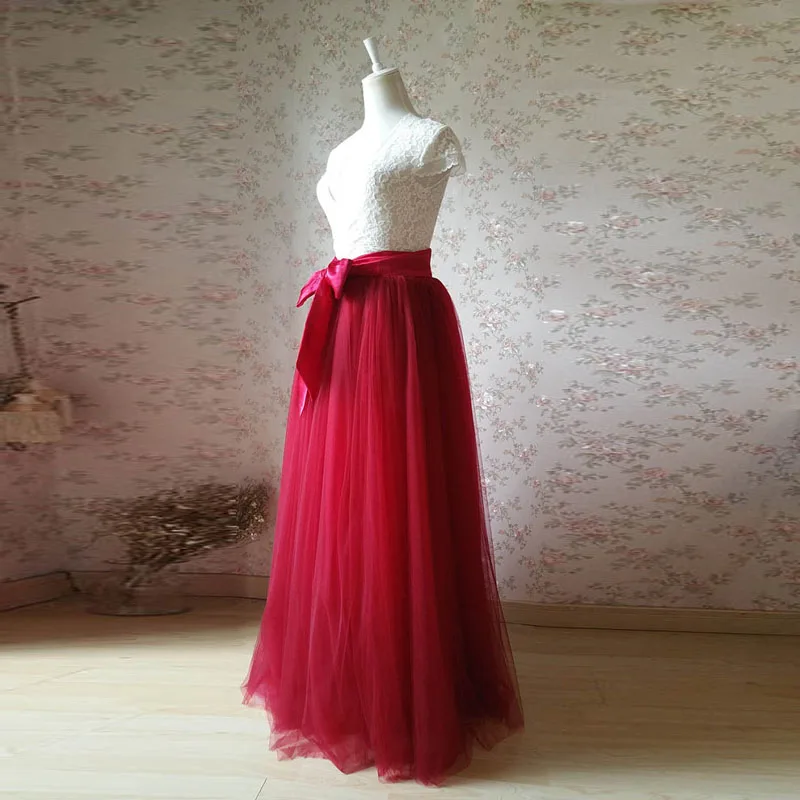 Red Long Soft Tulle Skirts Women With Sash Bow Custom Made Female Tulle