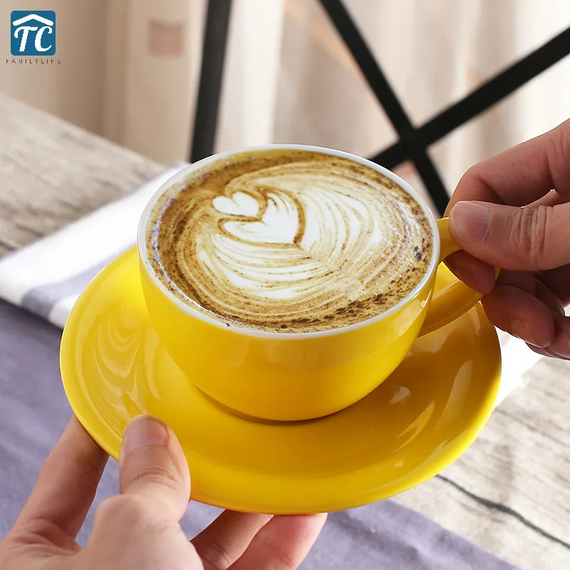 

200ml European Coffee Cup Set Milk Jugs Wide Mouth Pull Flower Cups Cappuccino Home Coffeeshop Italian Moka Ceramic Coffeware