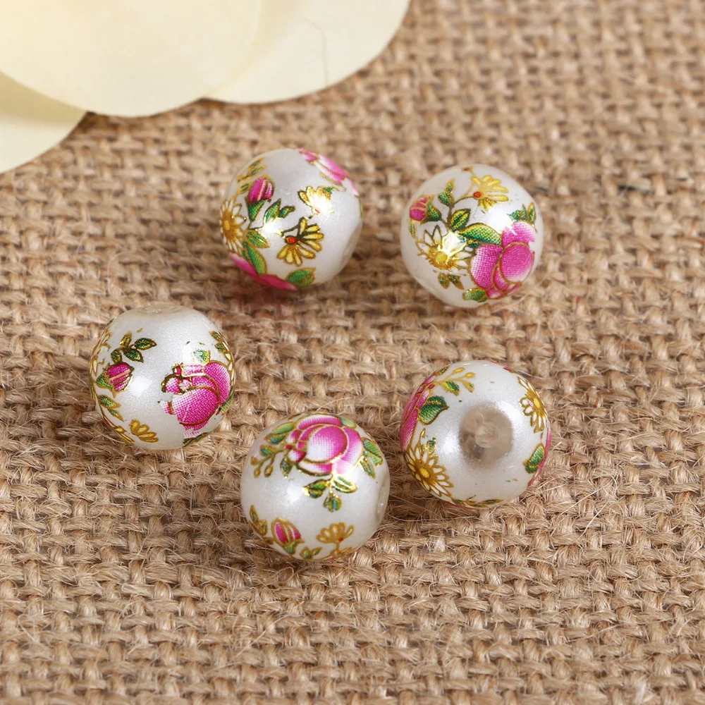 

DoreenBeads Glass Painting Vintage Japanese Tensha Beads Round Rose Flower Pattern Imitation Pearl About 12mm( 4/8") Dia, 5 pcs
