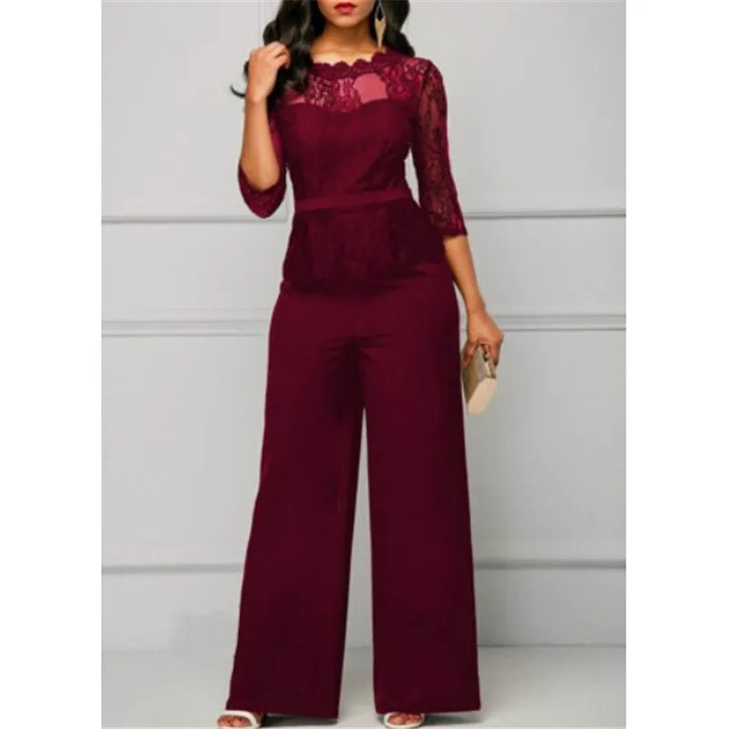 Fashion Women Plus Size Jumpsuit Hot Sale Loose Solid Color Playsuit Party Romper Half Lace Sleeve Party Elegant Long Jumpsuit Fashion Women Plus Size Jumpsuit Hot Sale Loose Solid Color Playsuit Party Romper Half Lace Sleeve Party Elegant Long Jumpsuit