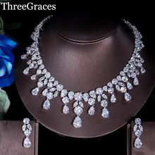 ThreeGraces нигерийские Свадебные ювелирные изделия белого золота цвет Кубического Циркония Большие свадебные ожерелье и серьги наборы для невест JS020