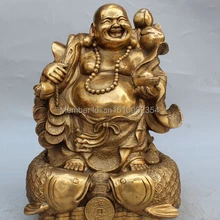 1" Клеймо Китайский Бронзовый Стенд Богатство Рыба Счастливый Смех Статуи Будды Майтреи