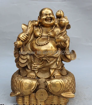 

15" Marked Chinese Bronze Stand Wealth Fish Happy Laugh Maitreya Buddha Statue