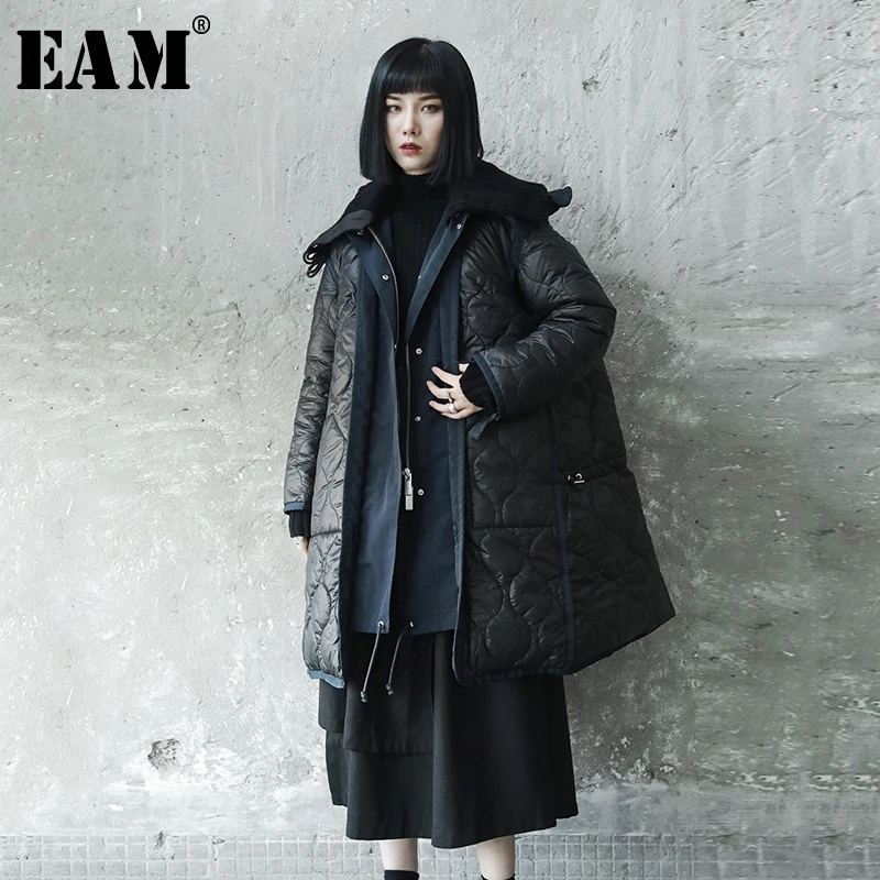 

[EAM] 2019 Spring Winter Woman Stylish New Solid Black Color Long Sleeve Hooded Spliced Fake 2 Piece Cotton-padded Coat LE876