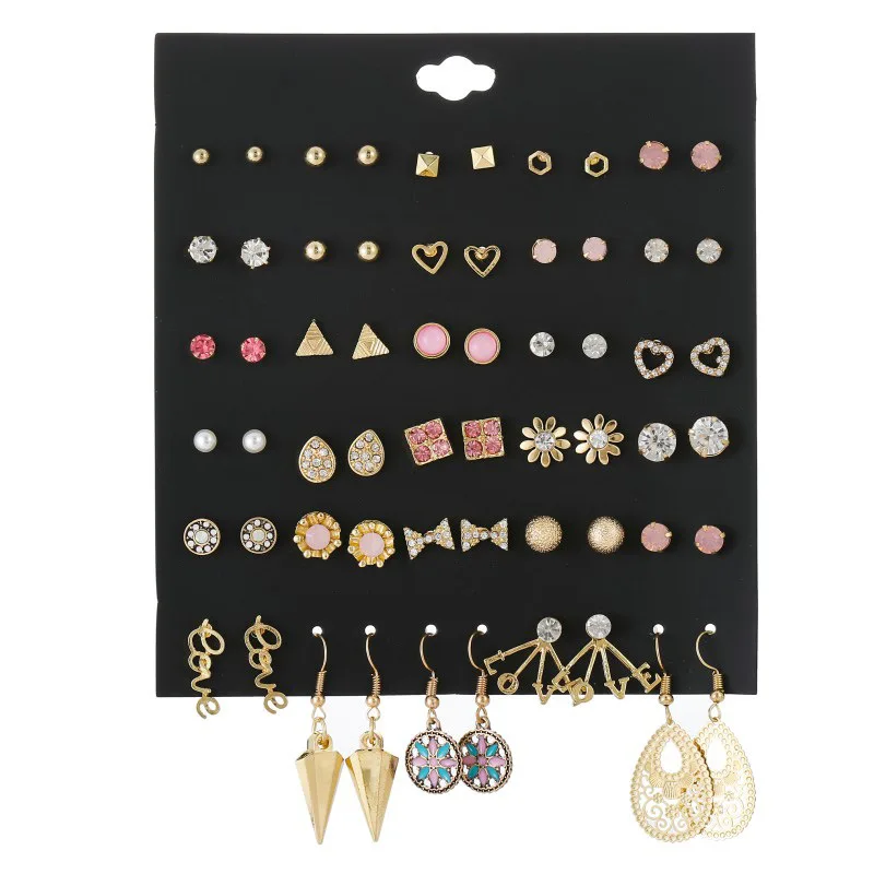 

30 Pairs/lot Modern Women's Earrings 2019 Mixed Flower Round Geometric Crystal Stud Earring Sets For Girls Rhinestones Studs