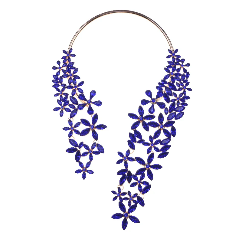 Массивное ожерелье-чокер с цветком из драгоценных камней для женщин, большой длинный воротник, массивное ожерелье, ювелирные изделия для женщин, индийские вечерние женские ожерелья - Окраска металла: blue