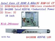 industrial 1U firewall server router 2G RAM 1G CF 2*bypass with 6*1000M INTEL 82574L Gigabit I3 3240 3.4Ghz Mikrotik PFSense ROS