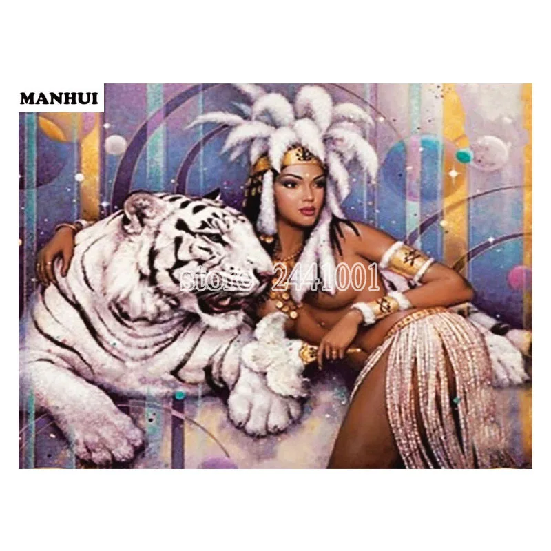 

5D Round Full Diamond Painting Beuty Girl & Tiger Diamond Mosaic Embroidery Cross Stitch Handmade Crafts Home Decoration AA169