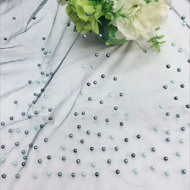 Beaded mesh fabric dress fabric sewing material blue lace fabric for