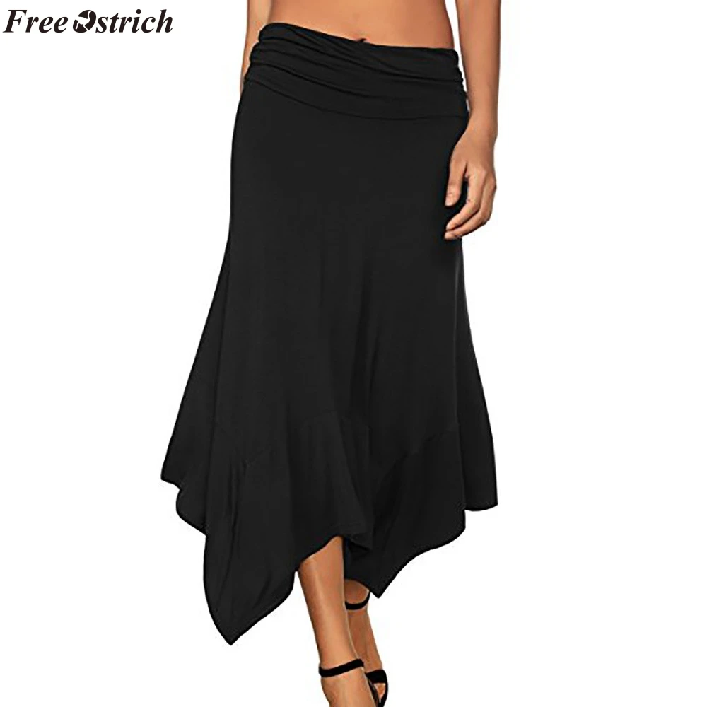 

FREE OSTRICH Women Solid Flowy Handkerchief Hemline Midi Skirt High Waist Long Skirt Women Casual Empire Skirt