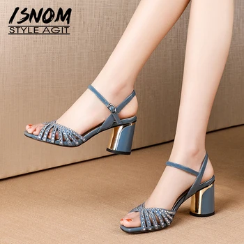 

ISNOM Crystal Cow Leather Sandals Women Summer Sandals Round Heels High Shoes Female Fashion Office Strappy Shoes Ladies 2019