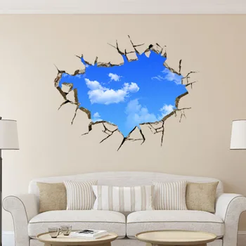 

3D Creative Home Decal For House Living Room Roof Wallpapers Window Hole Landscape Blue Sky White Cloud