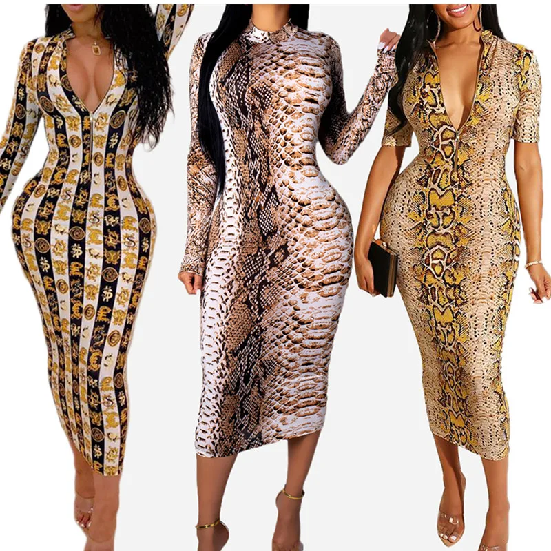 

Sexy Style Women's Snakeskin Printed V-neck Long Sleeve Dresses Mid-calf Length High Waist Bag Hips Slim Plus Size Dress