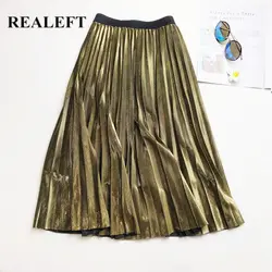 REALEFT 2019 Весна новое поступление женские Элегантная юбка миди с высокой талией Bling Золотой плиссированный тюль до колена юбки для женщин s