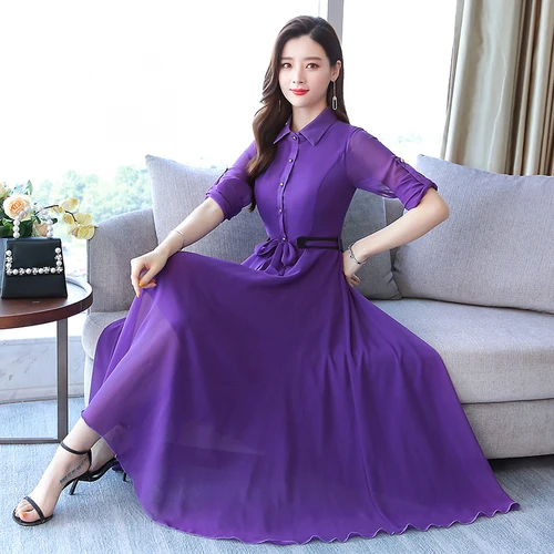 Осеннее Новое поступление размера плюс M-3XL высококачественное элегантное одноцветное женское шифоновое длинное платье с отложным воротником - Цвет: Фиолетовый