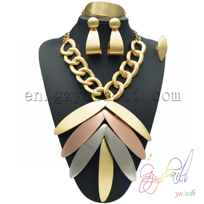 Yulaili,, дешевые модные украшения из Дубаи, комплекты ювелирных изделий золотого цвета, розовое золото, серебро, кулон в форме большого листа, ожерелье