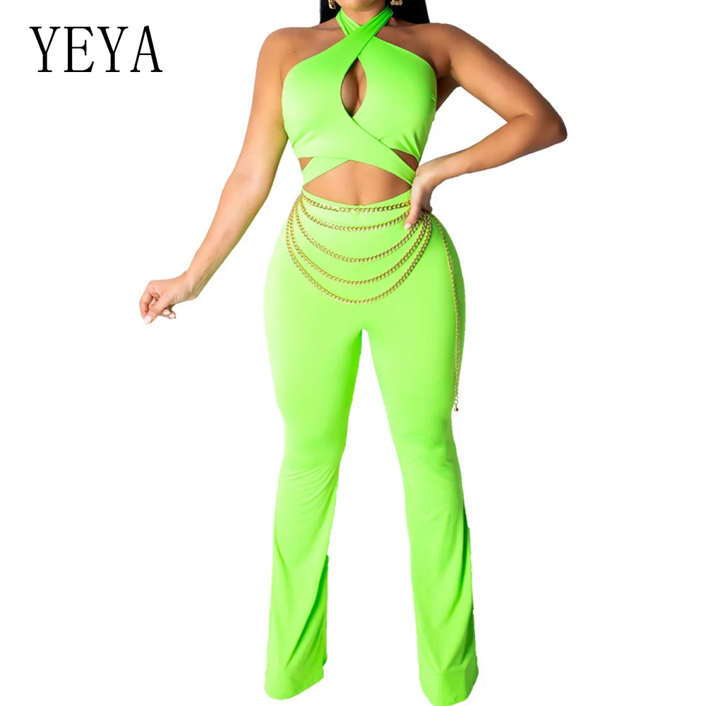 

YEYA Sexy Summer Women Hollow Out Playsuit Fluorescent Green Cross Halter Wrapped Chest Jumpsuit Elegant Bodysuit Overalls